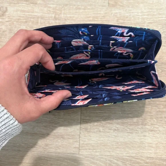 Vera Bradley Navy Floral Flamingo Zip Wallet with Pink Accents - Picture 4 of 11